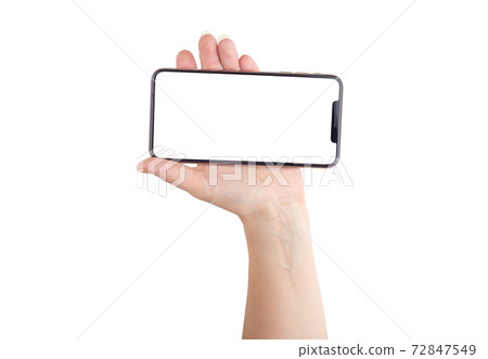 Smartphone with a blank white screen. New popular smartphone in hand on white background. Smartphone with a blank white screen. New popular smartphone in hand on white background. 72847549