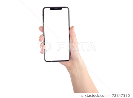 Smartphone with a blank white screen. New popular smartphone in hand on white background. 72847550