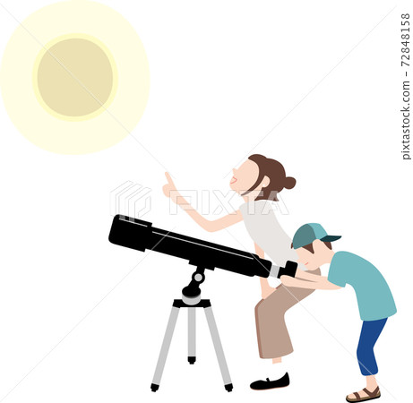 Parents and children watching the moon with a telescope 72848158