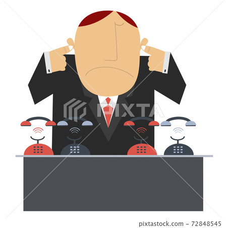 Do not disturb. Man does not want to answer the phone calls and closes his ears by fingers illustration  72848545