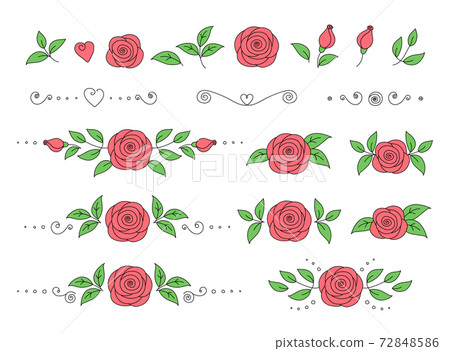 set of pink roses with green leaves 72848586