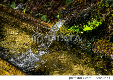 Old Mossy Spring And Fountain With Clear And Cold Mountain Water Running Into Basin 72850331