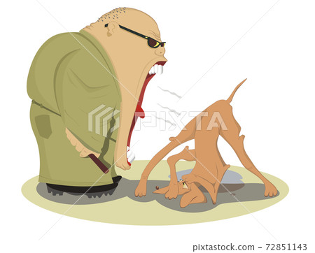 Angry dog trainer scolds a frightened dog illustration 72851143