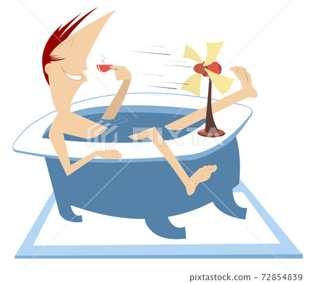 Man bathtub, tabletop fan, fresh coffee and air illustration. Comic man lies in the bathtub, has coffee and takes a fresh air delight from the tabletop fan Man bathtub, tabletop fan, fresh coffee and air illustration. Comic man lies in the bathtub, has coffee and takes a fresh air delight from the tabletop fan 72854839