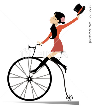 Attractive young woman holds a top hat in the hand rides a vintage bike isolated on white illustration 72855339