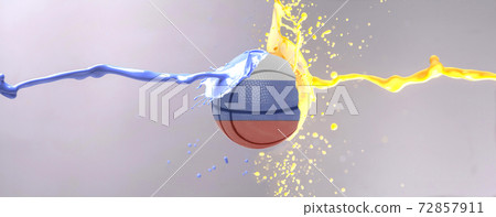 Flag of Russia on basketball ball with yellow and blue paint splashes Flag of Russia on basketball ball with yellow and blue paint splashes 72857911