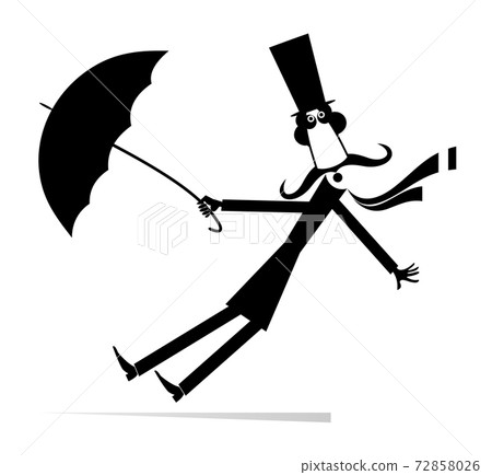 Windy day. Man taken up with the wind in the top hat and tries to keep an umbrella  72858026