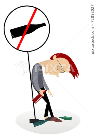 Drunken man holds a bottle of vine and props up a sign no drinking illustration  72858027