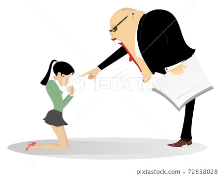 Angry boss and employee woman illustration. Angry chief scolds his frightened kneeling employee woman illustration  72858028