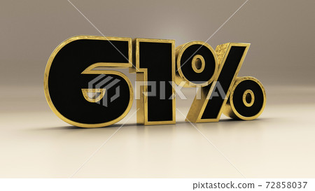 61 percent 3d gold and black luxury text isolated on white, 3d render illustration 72858037