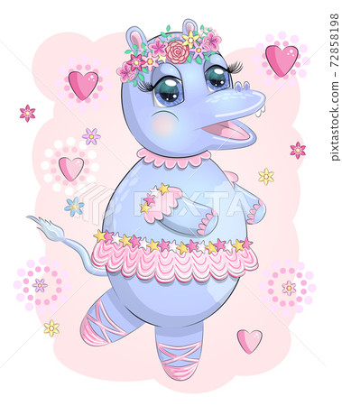 hand drawn cartoon hippo dancing ballet in a tutu. dancing animals.Children's illustration hand drawn cartoon hippo dancing ballet in a tutu. dancing animals.Children's illustration 72858198