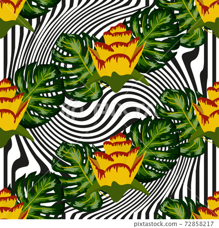 Summer seamless tropical pattern with bright yellow and pink plants and leaves. Summer seamless tropical pattern with bright yellow and pink plants and leaves. 72858217