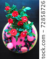 Delicious cake with fresh strawberries, raspberries, blueberry, currants. cut piece of cake and blade on wooden background. 72858726