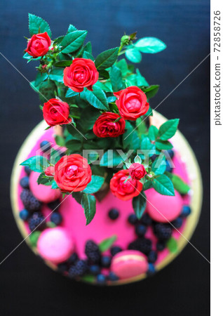 Delicious cake with fresh strawberries, raspberries, blueberry, currants. cut piece of cake and blade on wooden background. Delicious cake with fresh strawberries, raspberries, blueberry, currants. cut piece of cake and blade on wooden background. 72858726