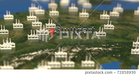 Factory icons near Stuttgart city on the map, industrial production related 3D rendering 72858930