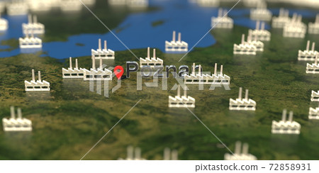Poznan city and factory icons on the map, industrial production related 3D rendering 72858931