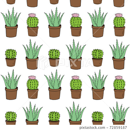 Seamless pattern of doodle green aloe and cacti 72859187