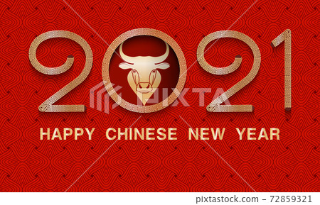 Golden numbers 2021 year with head of Ox Zodiac sign. Happy chinese new year patterned background with paper bull cut art and craft style on red for greeting card, flyers, poster. 72859321