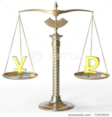 Yen JPY symbol and Ruble sign on golden balance scales, forex parity conceptual 3d rendering Yen JPY symbol and Ruble sign on golden balance scales, forex parity conceptual 3d rendering 72859910
