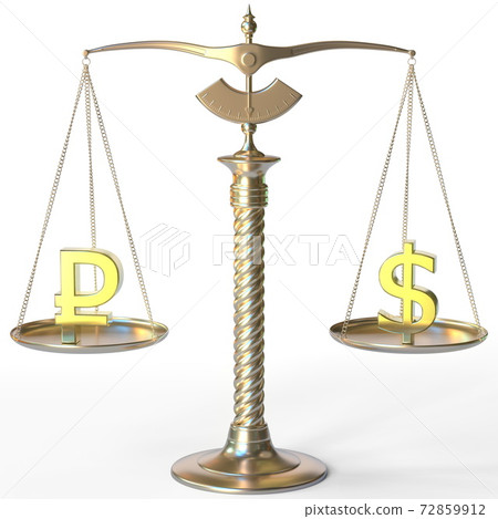 Ruble RUB symbol and Dollar sign on golden balance scales, forex parity conceptual 3d rendering 72859912