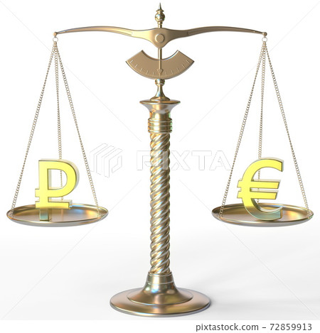 Ruble RUB symbol and Euro sign on balance scales, forex parity conceptual 3d rendering Ruble RUB symbol and Euro sign on balance scales, forex parity conceptual 3d rendering 72859913