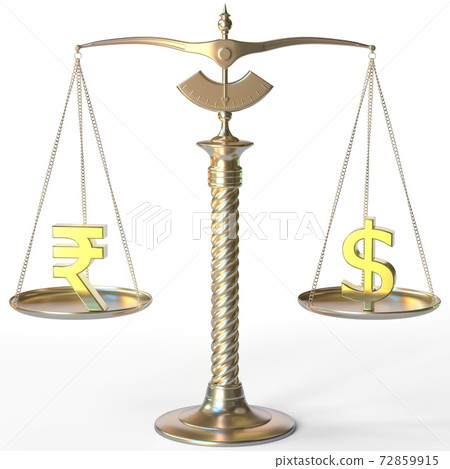 Rupee INR symbol and Dollar sign on golden balance scales, forex parity conceptual 3d rendering 72859915