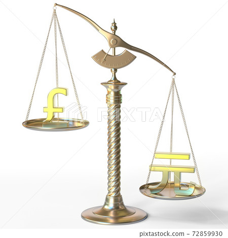 Pound sterling GBP sign weighs less than Renminbi yuan symbol on golden balance scales, 3d rendering Pound sterling GBP sign weighs less than Renminbi yuan symbol on golden balance scales, 3d rendering 72859930