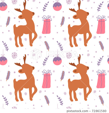 Christmas minimalistic seamless pattern with reindeer, present and ball. Vector illustration with winter motif Christmas minimalistic seamless pattern with reindeer, present and ball. Vector illustration with winter motif 72861580