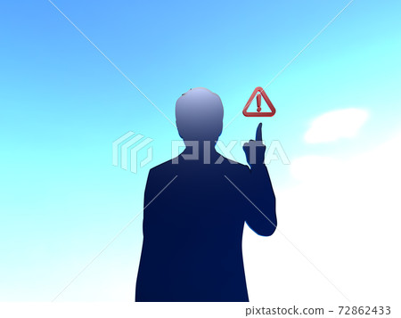CG illustration of a silhouette man pointing at a warning icon 72862433