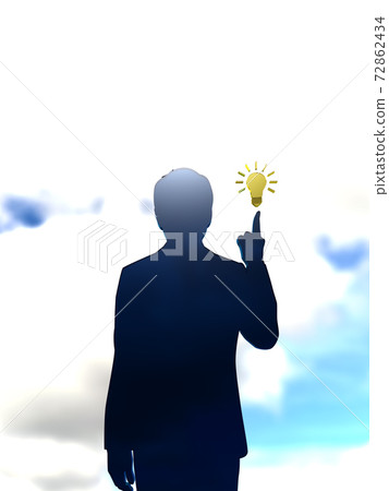 CG illustration of a silhouette man pointing at a light bulb icon 72862434