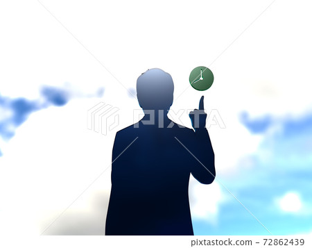 CG illustration of a silhouette man pointing at a clock icon CG illustration of a silhouette man pointing at a clock icon 72862439