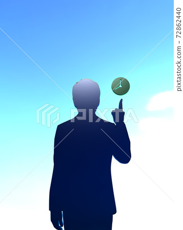 CG illustration of a silhouette man pointing at a clock icon CG illustration of a silhouette man pointing at a clock icon 72862440