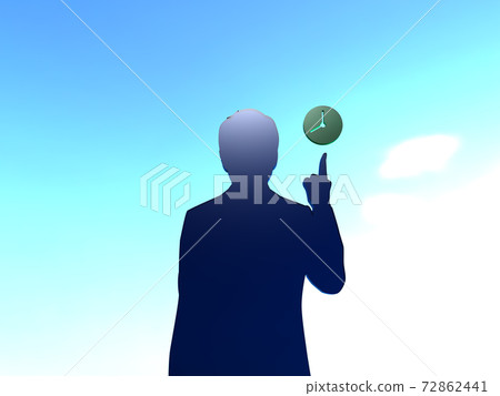 CG illustration of a silhouette man pointing at a clock icon CG illustration of a silhouette man pointing at a clock icon 72862441