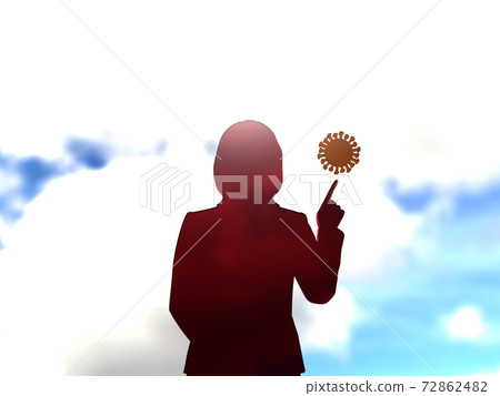 CG illustration of a silhouette woman pointing at a coronavirus icon CG illustration of a silhouette woman pointing at a coronavirus icon 72862482