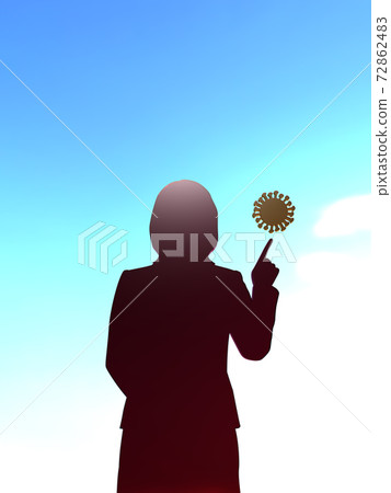 指向電暈病毒圖標剪影女人的CG插圖 指向電暈病毒圖標剪影女人的CG插圖 72862483