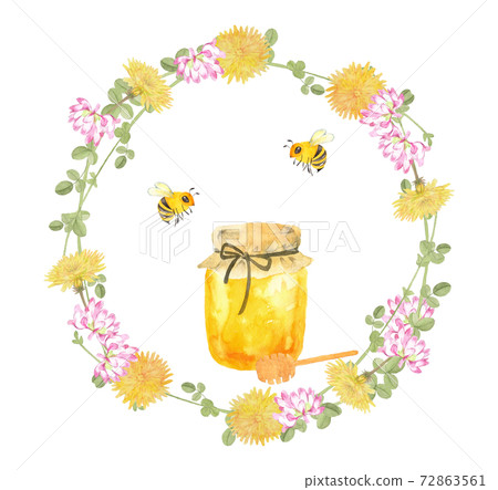 Watercolor illustration of honey, bees and flowers 72863561
