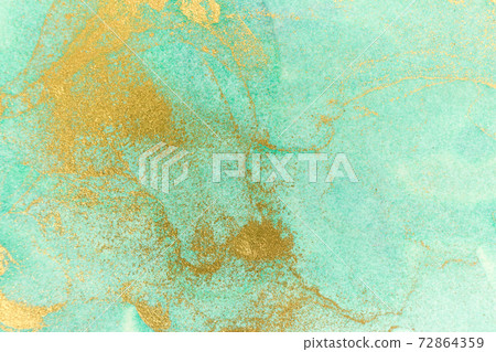 Watercolor green and gold abstract stains background. 72864359