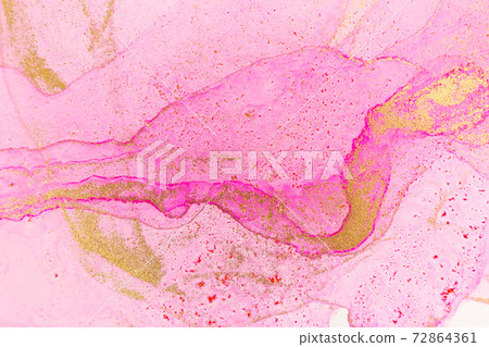 Alcohol ink pink and gold abstract stains background. Drops watercolor transparent texture. 72864361