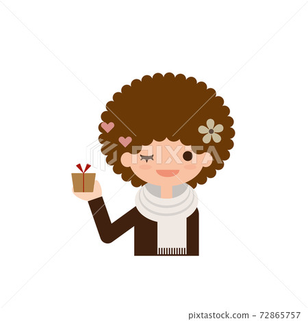 Illustration of a woman with afro hair winking with a gift Illustration of a woman with afro hair winking with a gift 72865757