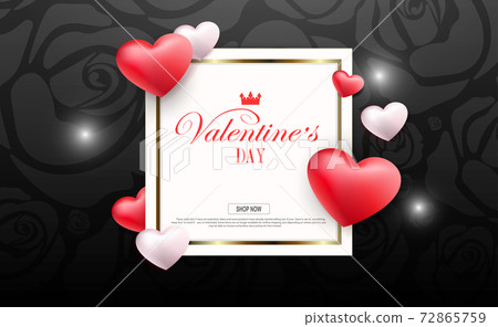 Valentine s day, black composition with flowers silhouette, square frame and hearts Valentine s day, black composition with flowers silhouette, square frame and hearts 72865759