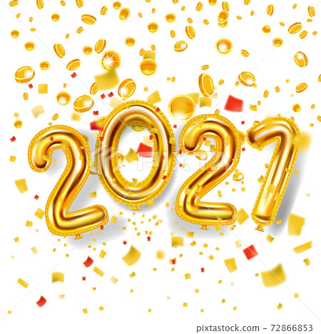 2021 Happy New Year decoration holiday background. Gold realistic 3d balloons foil metallic numbers explosion of glitter gold confetti. Vector illustration celebrate festive party, poster, banner 72866853