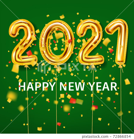 2021 Happy New Year background. Gold realistic 3d balloons foil metallic numbers glitter gold confetti. Vector illustration celebrate festive party, poster, banner, initation, layout design 2021 Happy New Year background. Gold realistic 3d balloons foil metallic numbers glitter gold confetti. Vector illustration celebrate festive party, poster, banner, initation, layout design 72866854