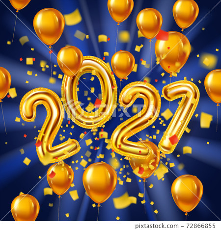 Happy New Year 2021 decoration holiday background. Gold realistic 3d balloons foil metallic numbers and helium balloons, glitter gold confetti. Vector illustration celebrate festive party, poster 72866855