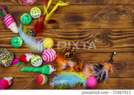 Set of toys for cat on wooden background. Top view, copy space 72867913
