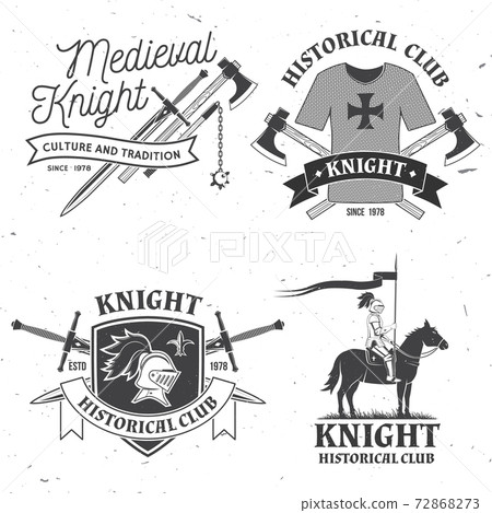 Set of knight historical club badge design Vector Concept for shirt, print, stamp, overlay or template. Vintage typography design with knight, knight on a horse, swords hauberk silhouette Set of knight historical club badge design Vector Concept for shirt, print, stamp, overlay or template. Vintage typography design with knight, knight on a horse, swords hauberk silhouette 72868273