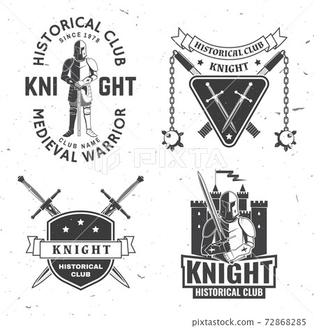 Set of knight historical club badge design Vector Concept for shirt, print, stamp, overlay or template. Vintage typography design with knight, flail with spiked ball, swords castle silhouette Set of knight historical club badge design Vector Concept for shirt, print, stamp, overlay or template. Vintage typography design with knight, flail with spiked ball, swords castle silhouette 72868285