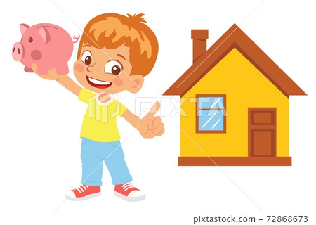 Boy holding piggy bank points to the house 72868673