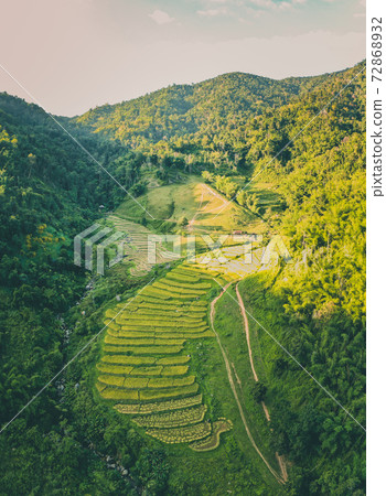 Aerial view of Nang Lae Nai Rice Terraces in Chiang Rai, Chiang Mai province, Thailand Aerial view of Nang Lae Nai Rice Terraces in Chiang Rai, Chiang Mai province, Thailand 72868932