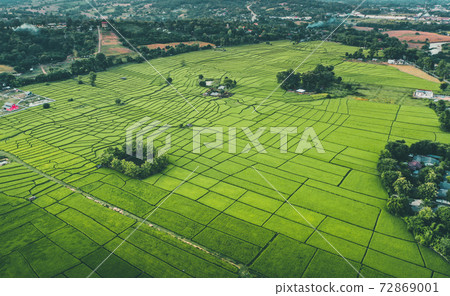 Aerial view of Pai rice terraces, river and mountain in Mae Hong Son, Chiang Mai, thailand 72869001