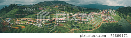 Aerial view of camping grounds and tents on Doi Mon Cham mountain in Mae Rim, Chiang Mai province 72869171